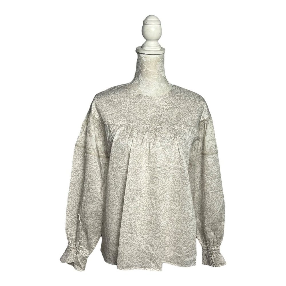 Anthropologie Anna Sui XS White Gray Long Sleeve Peasant Blouse Boho Top
